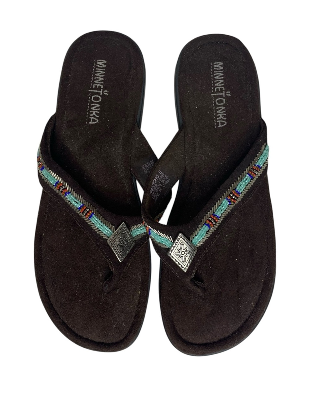 Minnetonka Cho Southwest Turquoise & Silver Beaded Suede Sandals